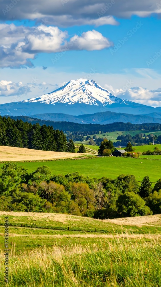 Fototapeta premium Scenic mountain vista over green fields