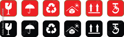 Cardboard packaging icon symbol, Marking the box or packaging of products., sticker,, Fragile, take care, keep dry and upward symbols, illustration,
