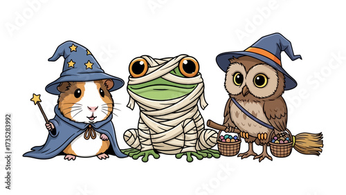 Halloween Critters: A whimsical array of Halloween creatures—a wizard guinea pig, a mummy frog, and an owl witch—stand side-by-side against a plain background.