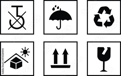 Set of fragile shipping or packaging icons, Marking the box or packaging of products., sticker, illustration, keep dry recycle icons, illustration,
