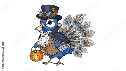 Steampunk Peacock's Halloween: A charming peacock, adorned in steampunk attire, clutches a glowing jack-o'-lantern, merging artistry with Halloween spirit. 