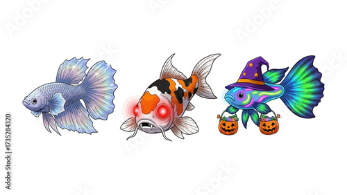 Aquatic Fantasies: A vivid depiction of diverse aquarium fish, showcasing a Betta, a Koi with ominous red eyes, and a whimsical fish adorned with a witch hat and carrying pumpkin pails.