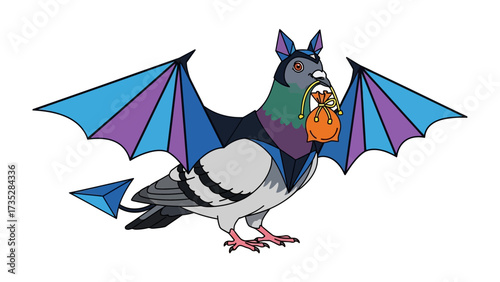 Mythical Creature: A fantasy illustration of a pigeon dressed up as a bat creature with a pumpkin, embodying the spirit of Halloween.