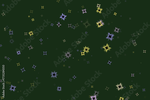 Starry Dark Backdrop Scattered Shapes of Lilac, Yellow Stars on Dark Green Ground