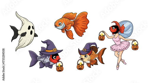 Halloween's aquatic parade: Charming fish dress up in delightful costumes, celebrating Halloween with a touch of whimsy, in an artful illustration.