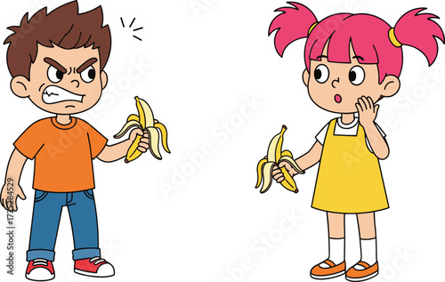 Cartoon children holding bananas with expressive emotions, conflict and surprise, playful vector scene for emotional intelligence and kids storytelling