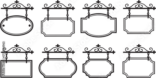 Vintage Forged Wrought Iron Hanging Sign Frames Vector Set for Storefronts Ornate Antique Shop Signage Templates and Blank Black Decorative Frame Collection