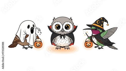 Halloween Avian Trio: Adorable cartoon bird characters dressed in Halloween costumes, trick-or-treating, evokes a sense of fun and lightheartedness in this whimsical illustration.