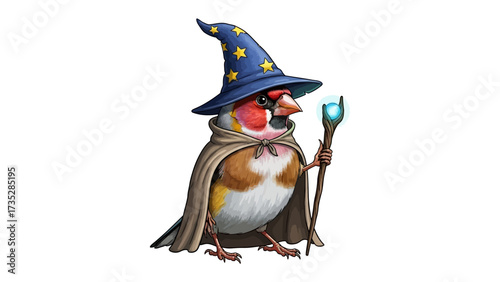 Wise Wizard Bird: A vibrant illustration captures a whimsical, detailed portrait of a bird, clad in a wizard's attire and brandishing a glowing staff, creating a fantastical, enchanting scene.