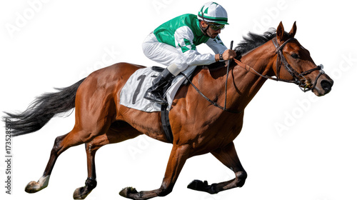 Horse and Jockey in Full Speed: A sleek, thoroughbred horse, ridden by a focused jockey in vibrant racing attire, thunders along a race track in a moment of intense competition.