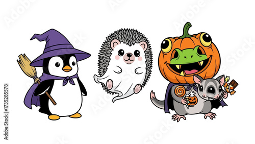 Spooky Halloween Creatures: A charming collection of Halloween characters, a penguin witch, a hedgehog ghost, and a sugar glider frog, perfect for spooky season.