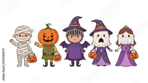 Spooky Halloween Kids in Costumes : A delightful group of children in diverse, intricately designed costumes, ready for the enchanting traditions of Halloween. Capturing childhood innocence.