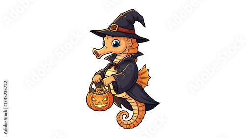 Halloween Seahorse's Spooktacular Treat: A whimsical illustration of a seahorse in a witch costume, holding a pumpkin basket filled with treats for a festive Halloween celebration.