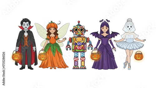 Whimsical Halloween Gathering: A charming array of uniquely designed figures, each adorned in vibrant costumes and clutching miniature pumpkin baskets.