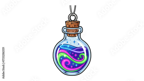 Whimsical Potion Bottle: A vibrantly colored illustrated potion bottle, perfect for fantasy themes, features swirling liquid within a glass vessel with a cork stopper.
