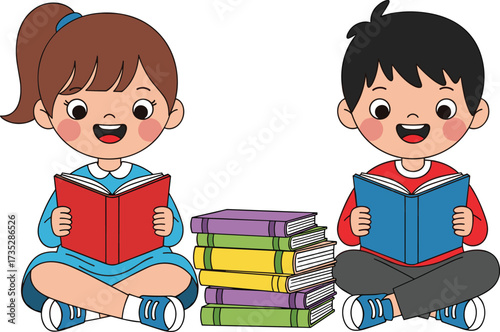 Cartoon children reading books with colorful stack, cross-legged posture, joyful expressions, educational vector for kids literacy and learning themes