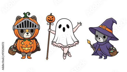 Halloween Characters in Playful Costume: A group of whimsical bear characters dressed up in vibrant and imaginative Halloween costumes against a clean backdrop, embracing the spooky season. 