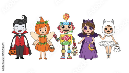Halloween Costume Collection: A delightful assembly of children in festive Halloween costumes, each with unique props, ready for trick-or-treating. Capturing the vibrant fun of the holiday spirit. 