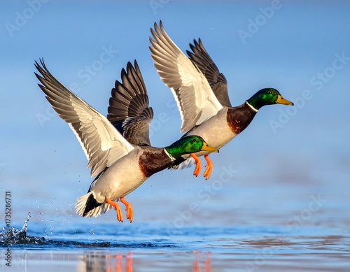 Two mallards taking flight over water