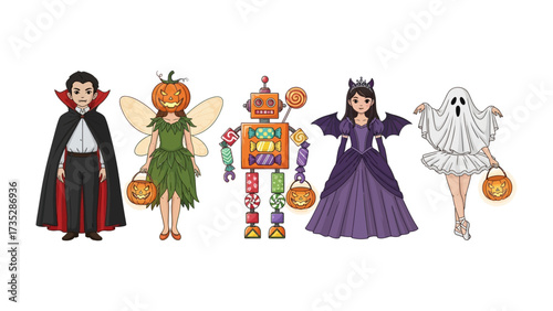 Halloween Costumes: Captivating array of vibrant Halloween costumes, each character beckons with playful charm and eerie allure, transporting us to a world of imagination and festive joy.