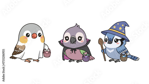Adorable Halloween Birds: Three charming birds, adorned in whimsical costumes, eagerly celebrate the joyous occasion of Halloween.