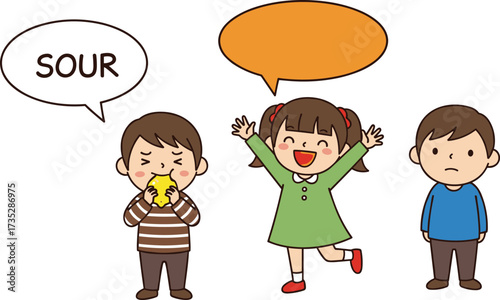 Cartoon children showing emotional reactions to tasting lemon, expressive faces and speech bubbles, playful educational vector for sensory storytelling