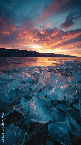 Ice Crystals Sunset Over Frozen Lake