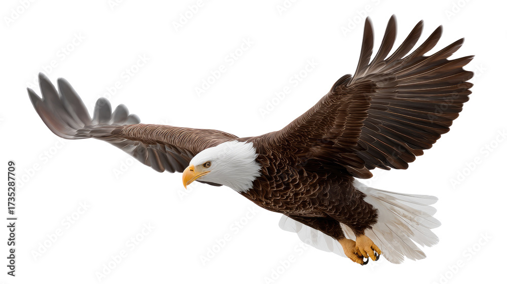Obraz premium Soaring Eagle in Flight: A majestic bald eagle takes flight, its powerful wings spread wide, showcasing its impressive wingspan and the freedom of nature. This image captures the essence of freedom.