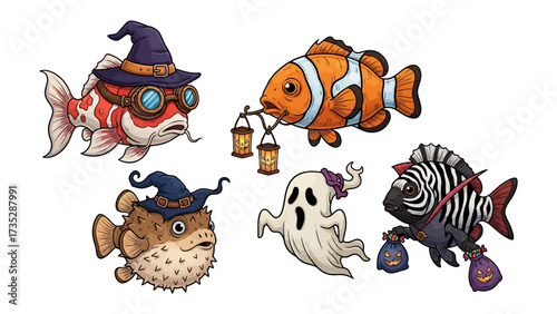 Underwater Halloween Party: A whimsical illustration presents a festive underwater Halloween celebration, complete with creatively costumed fish and spooky elements.