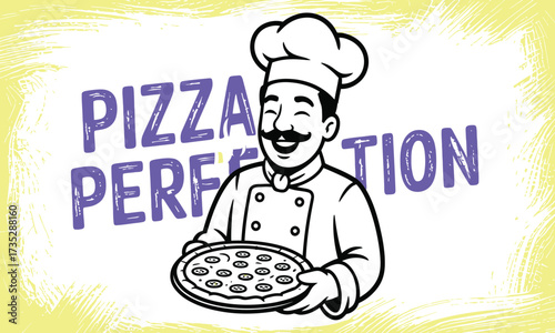 Chef holding pizza with pizza perfection text in vintage food illustration style
