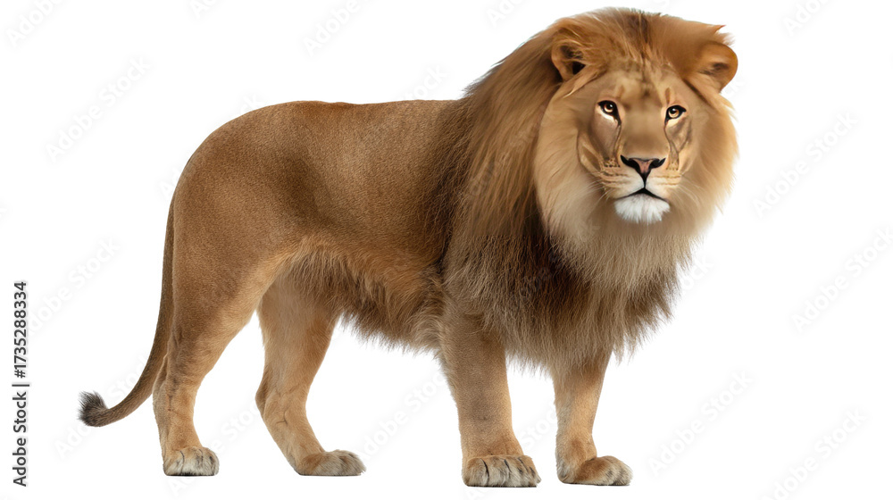 Obraz premium Majestic Lion Portrait: A stunning portrait of a regal lion with a thick mane, embodying strength and authority. With a penetrating gaze, the lion commands respect, a symbol of wilderness.