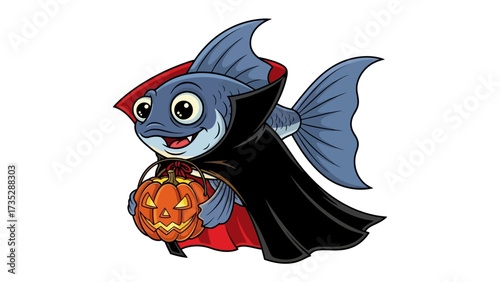 Spooky Fish for Halloween: A charming illustration depicts a fish, whimsically dressed in a vampire cloak, holding a carved pumpkin for Halloween. A creative blend of aquatic life and spooky season.
