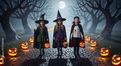 Children in witch and vampire costumes holding baskets, glowing pumpkins lighting their way