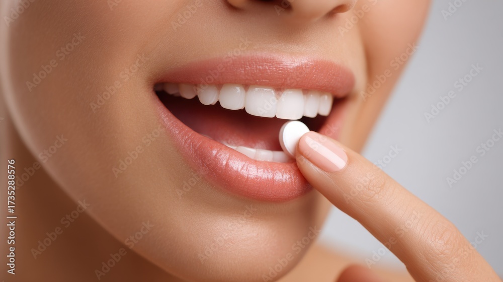 Obraz premium Detailed shot of a woman's perfect white teeth and full lips while placing a pill on her tongue. Highlights dental care, beauty, and oral health concepts.