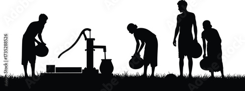 Silhouette of People Gathering Water from a Well, Community, Thirst