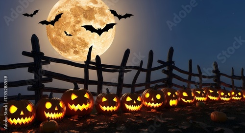 Path lined with jack-o’-lanterns leading toward a haunted barn, pumpkins glowing in different shapes and sizes.