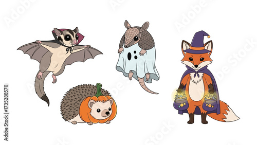 Adorable Halloween Animals: A delightful collection of cute, cartoonish animal characters dressed in Halloween costumes, celebrating the spooky season with charm.
