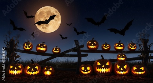 Jack-o’-lanterns glowing beside a crooked wooden fence, bats flying under a harvest moon