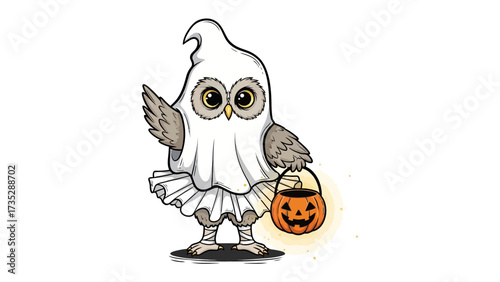 Spooky Owl in Halloween Costume: An adorably spooky owl is dressed up in a cute ghost costume, with its big, expressive eyes and carrying a glowing jack-o'-lantern, ready to celebrate Halloween.