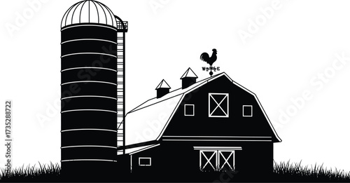 Black barn and silo with rooster weathervane, farm building silhouette
