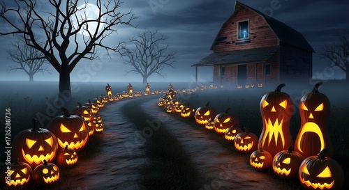 Path lined with jack-o’-lanterns leading toward a haunted barn, pumpkins glowing in different shapes and sizes.