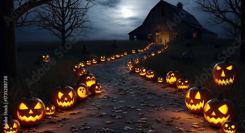 Pumpkin patch under a glowing harvest moon, jack-o’-lanterns with sinister grins shining brightly
