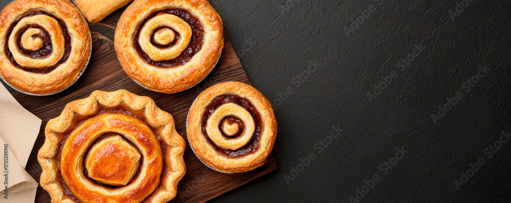 Fototapeta premium Thanksgiving wooden sign background with delicious pies on rustic board creating warm festive atmosphere perfect for holiday celebration