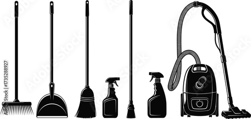 Cleaning Tools Silhouette Set – Rake, Broom, Mop, Spray Bottles, Vacuum – Vector Icons for Household, Maintenance, Sanitation Themes