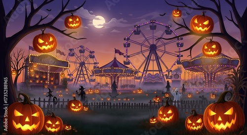 Spooky pumpkin patch carnival, glowing jack-o’-lanterns hanging from trees like lanterns