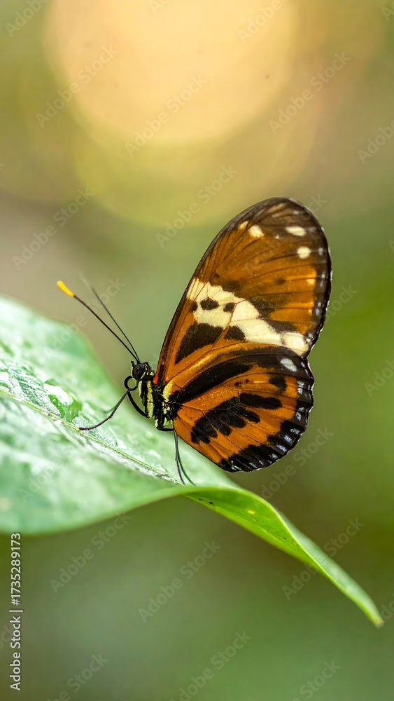 Obraz premium Orange and black butterfly perched on a vibrant green leaf, soft-focus background