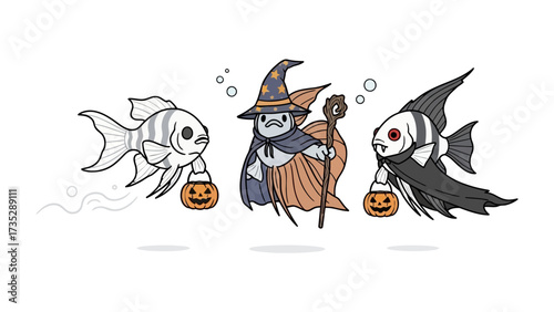 Aquatic Halloween Parade: A whimsically designed aquatic scene featuring three cartoonish fish in Halloween costumes: a wizard, a vampire, and another holding jack-o'-lanterns.