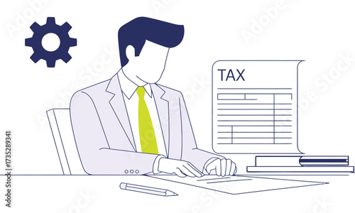 Businessman sitting at desk with tax document and paperwork concept illustration 
