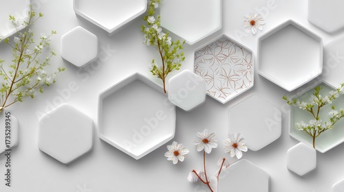 Geometric Harmony: An elegant abstract arrangement of white hexagonal shapes intertwined with delicate sprigs of flora, creating a captivating blend of geometry and natural beauty.