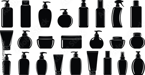 Cosmetic bottle silhouette set with pump, spray, jar, tube, squeeze container designs, personal care packaging vector illustration in black